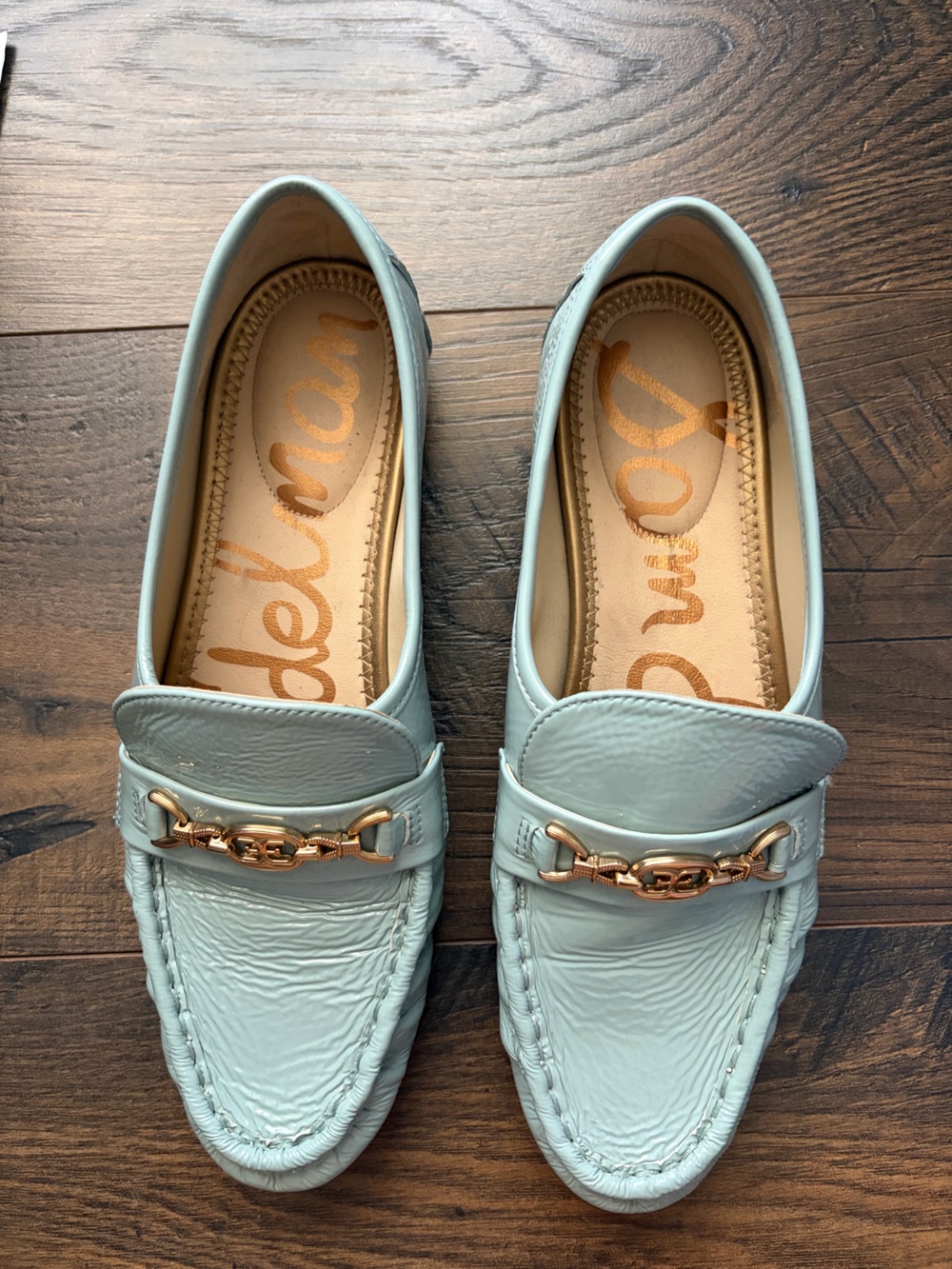 Sam Edelman Light Blue Leather Loafers with Gold Chain Accent